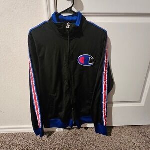 Champion Track Jacket Full Zip Black Blue Red Logo Tape Men's Large